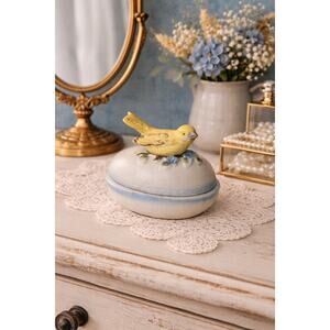 Vintage Porcelain Trinket Box with Yellow Bird – Shabby Chic Cottage Decor